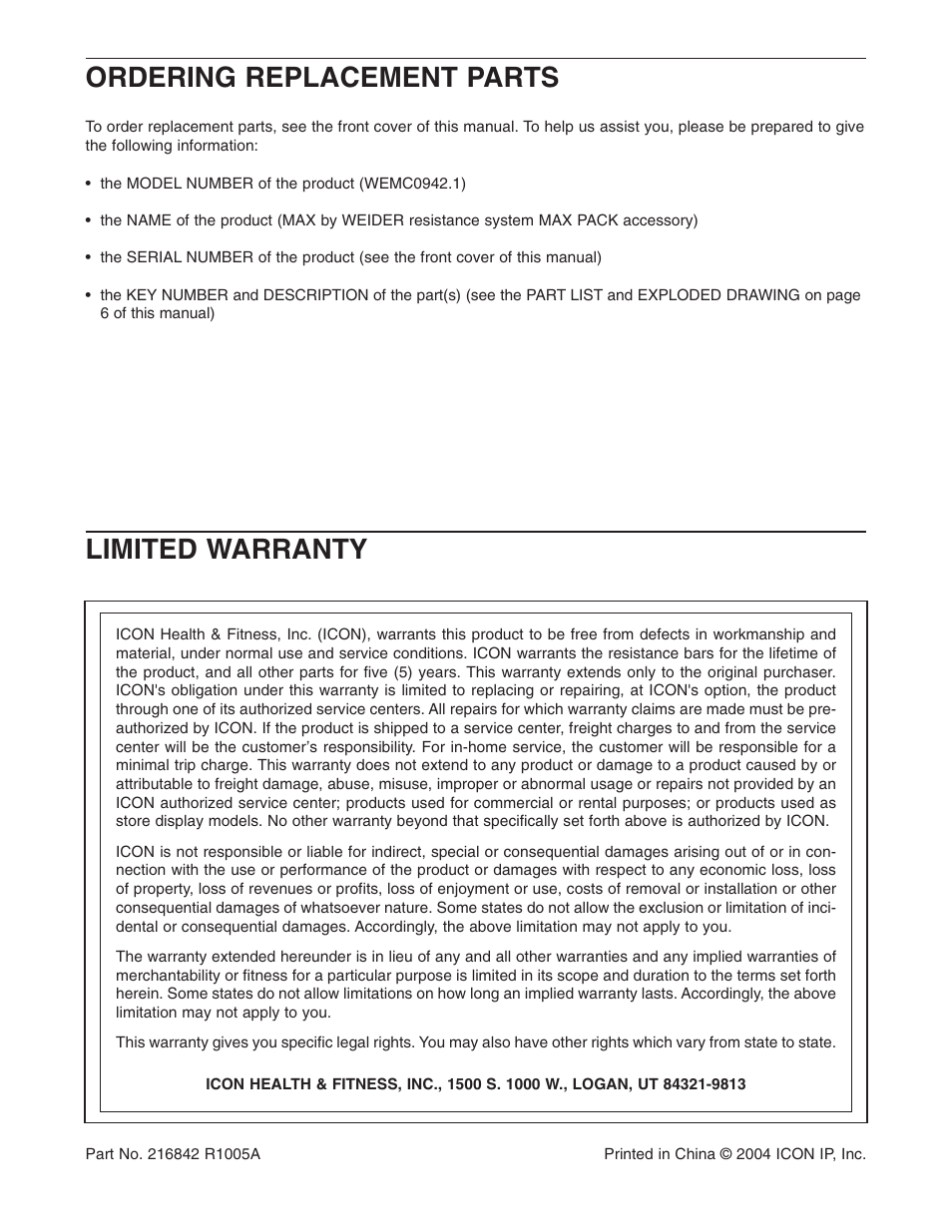 Ordering replacement parts, Limited warranty | Weider WEMC0942.1 User Manual | Page 7 / 7