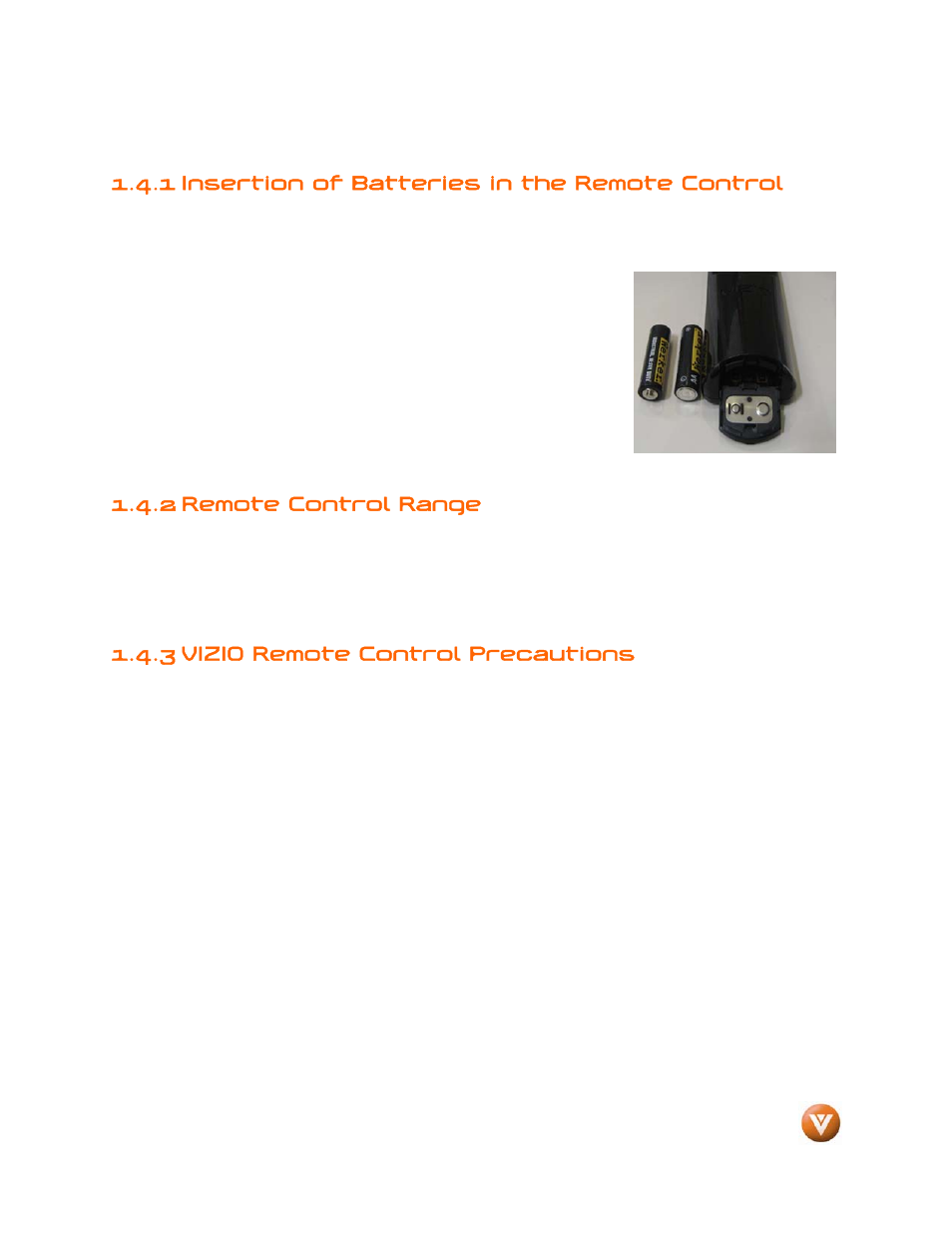 1 insertion of batteries in the remote control, 2 remote control range, 3 vizio remote control precautions | Weider LCD VW46L User Manual | Page 12 / 75