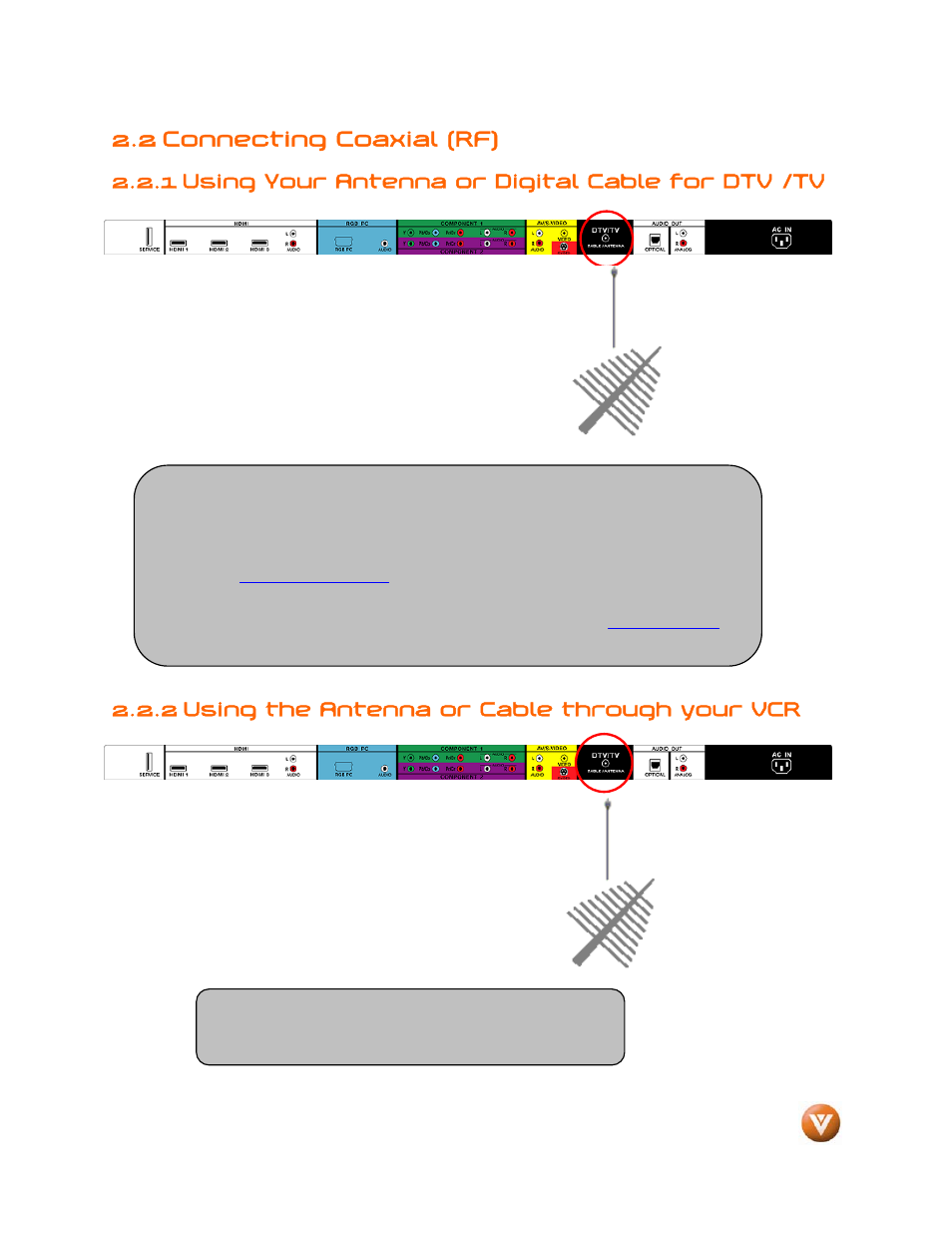 2 connecting coaxial (rf), 1 using your antenna or digital cable for dtv /tv, 2 using the antenna or cable through your vcr | Weider LCD VW46L User Manual | Page 14 / 75
