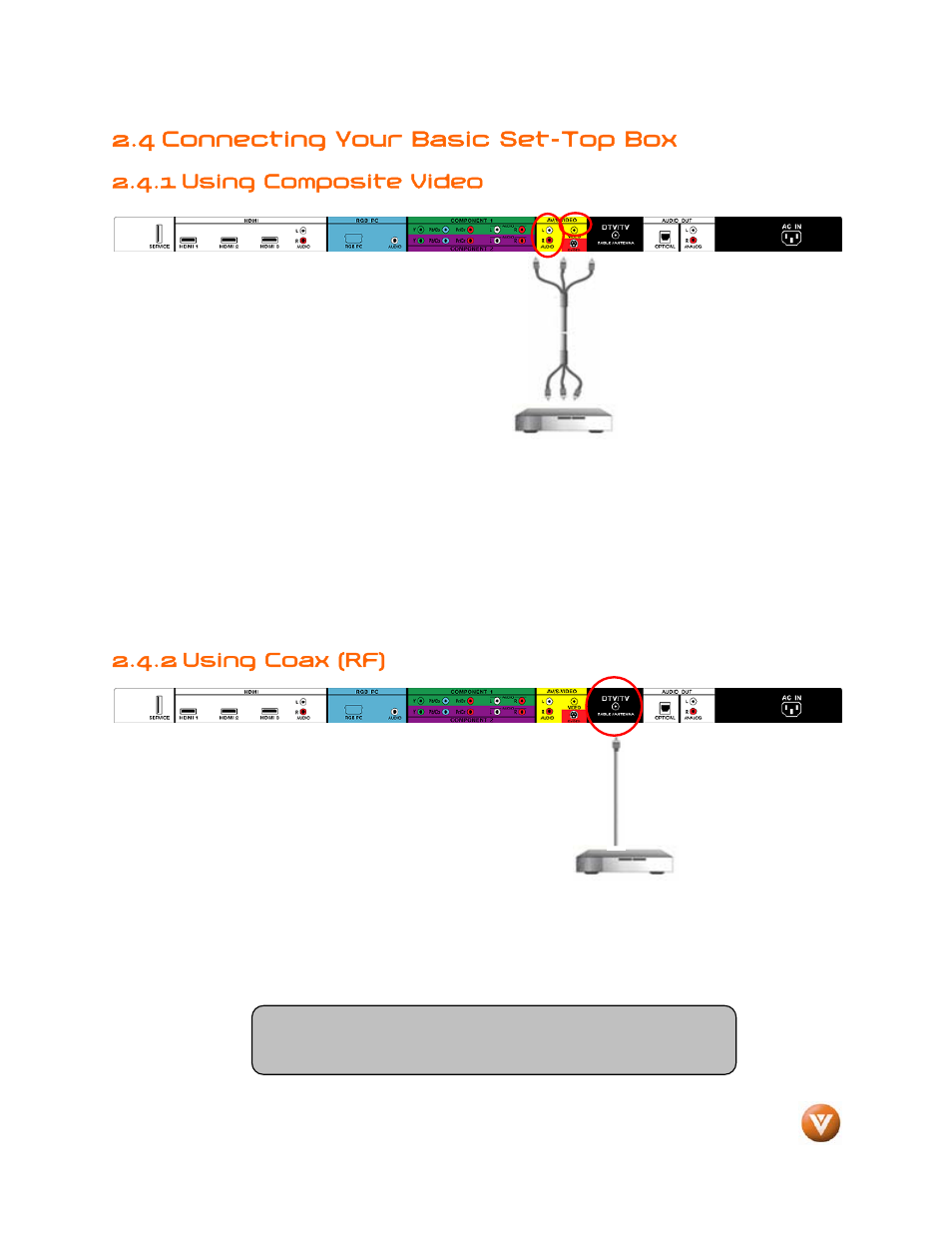 4 connecting your basic set-top box, 1 using composite video, 2 using coax (rf) | Weider LCD VW46L User Manual | Page 18 / 75