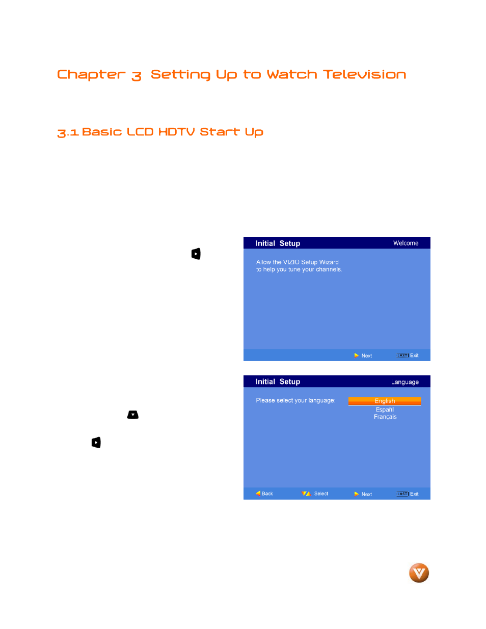 Chapter 3 setting up to watch television, 1 basic lcd hdtv start up | Weider LCD VW46L User Manual | Page 27 / 75