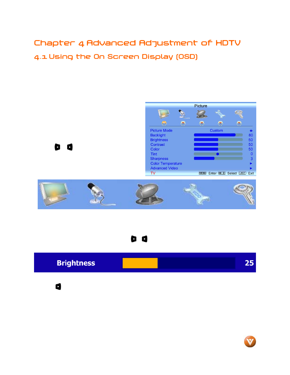 Chapter 4 advanced adjustment of hdtv, 1 using the on screen display (osd) | Weider LCD VW46L User Manual | Page 35 / 75