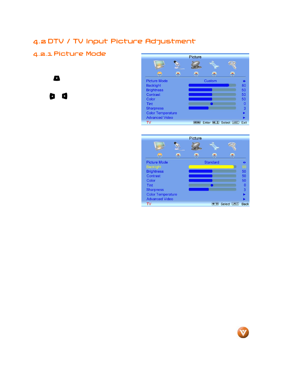 2 dtv / tv input picture adjustment, 1 picture mode | Weider LCD VW46L User Manual | Page 36 / 75