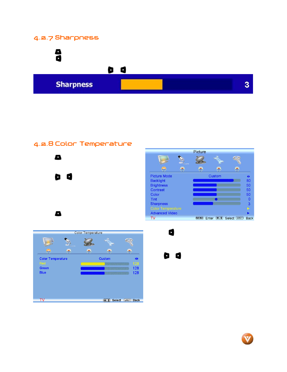 7 sharpness, 8 color temperature | Weider LCD VW46L User Manual | Page 39 / 75