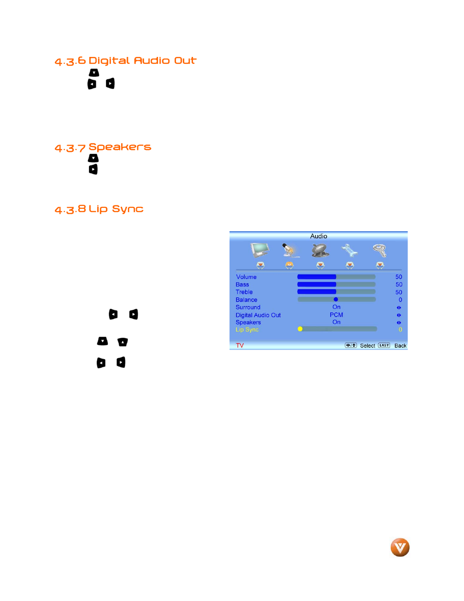 6 digital audio out, 7 speakers, 8 lip sync | Weider LCD VW46L User Manual | Page 44 / 75