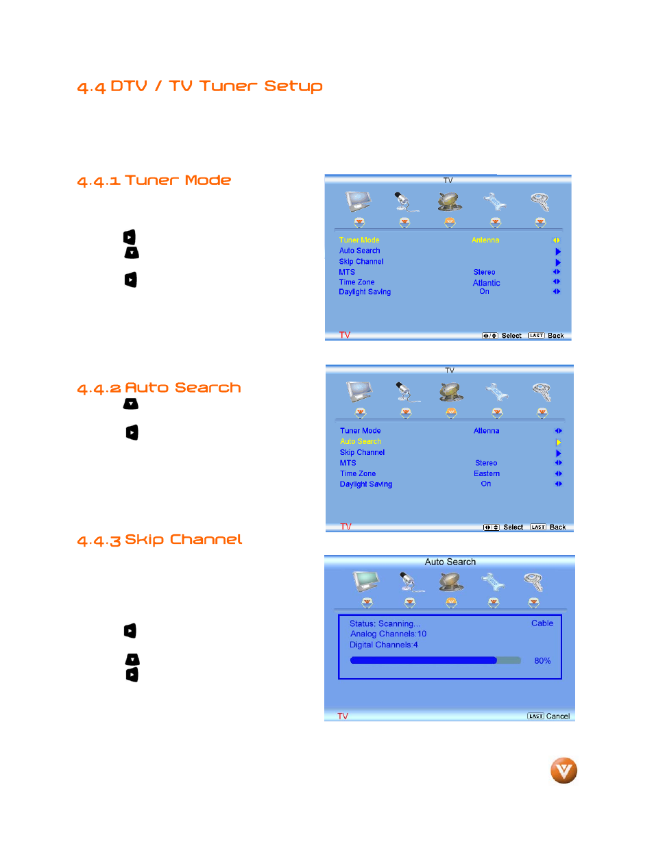 4 dtv / tv tuner setup, 1 tuner mode, 2 auto search | 3 skip channel | Weider LCD VW46L User Manual | Page 45 / 75