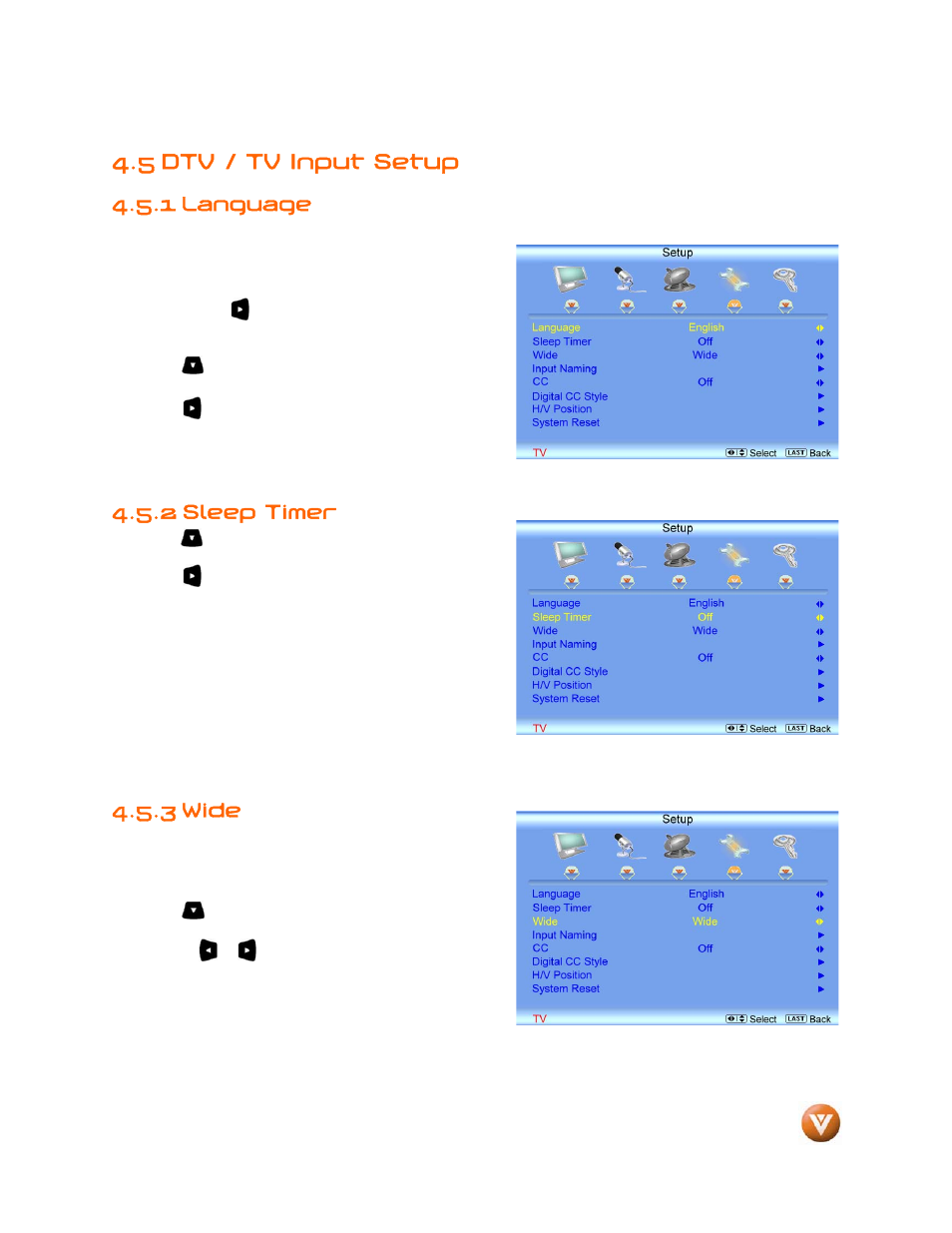 5 dtv / tv input setup, 1 language, 2 sleep timer | 3 wide | Weider LCD VW46L User Manual | Page 47 / 75