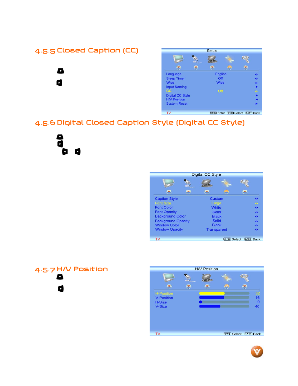 5 closed caption (cc), 6 digital closed caption style (digital cc style), 7 h/v position | Weider LCD VW46L User Manual | Page 49 / 75