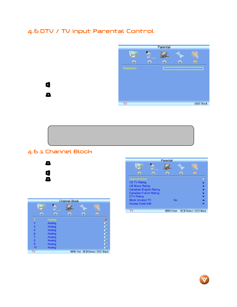 6 dtv / tv input parental control, 1 channel block | Weider LCD VW46L User Manual | Page 51 / 75