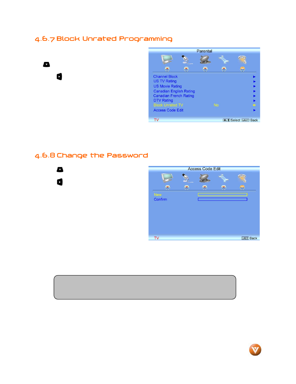7 block unrated programming, 8 change the password | Weider LCD VW46L User Manual | Page 55 / 75