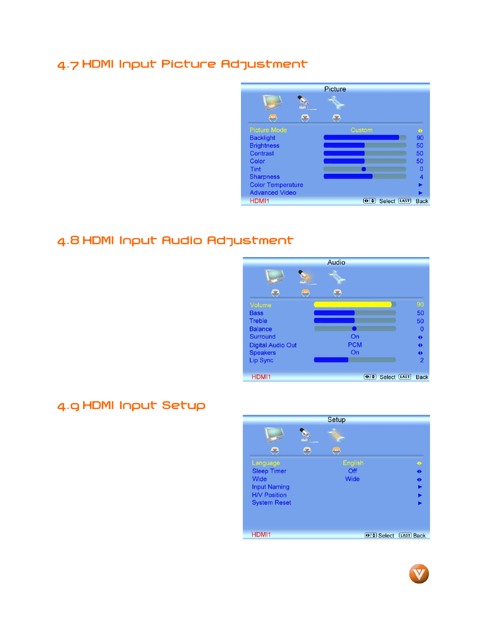 7 hdmi input picture adjustment, 8 hdmi input audio adjustment, 9 hdmi input setup | Weider LCD VW46L User Manual | Page 56 / 75