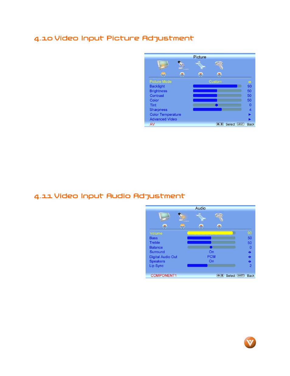 10 video input picture adjustment, 11 video input audio adjustment | Weider LCD VW46L User Manual | Page 57 / 75