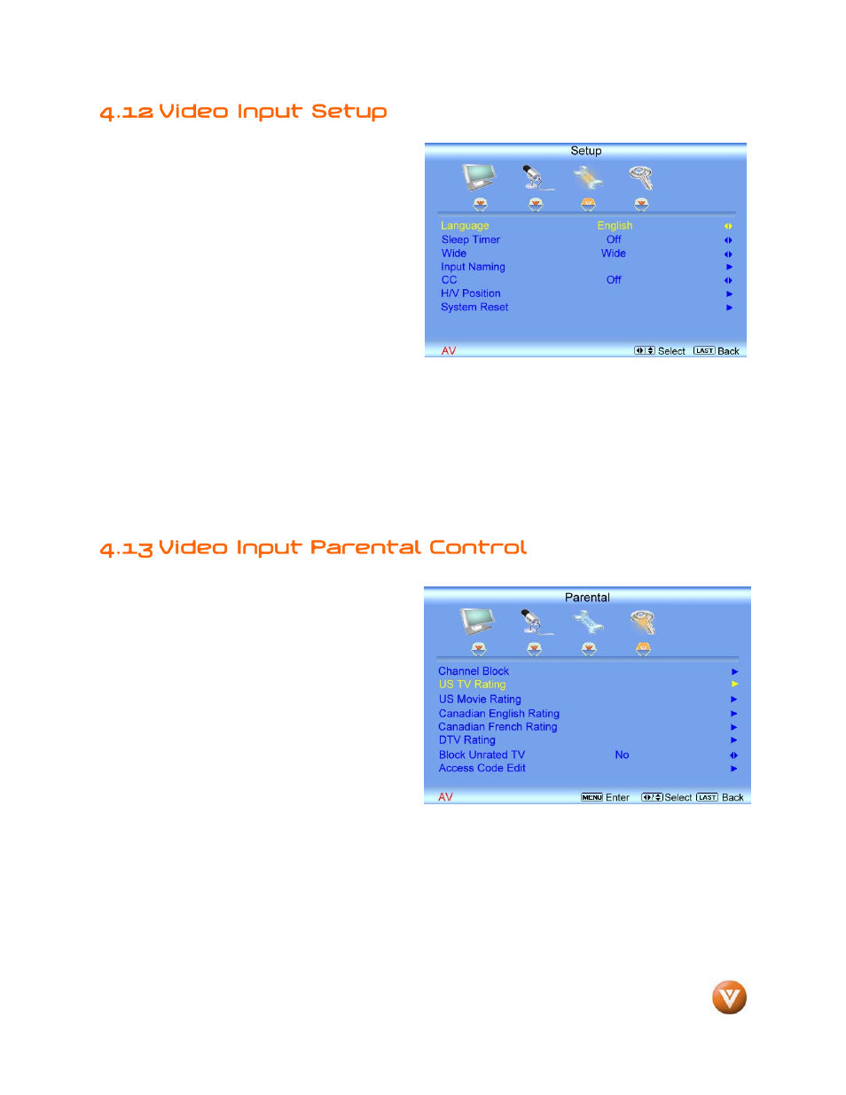 12 video input setup, 13 video input parental control | Weider LCD VW46L User Manual | Page 58 / 75