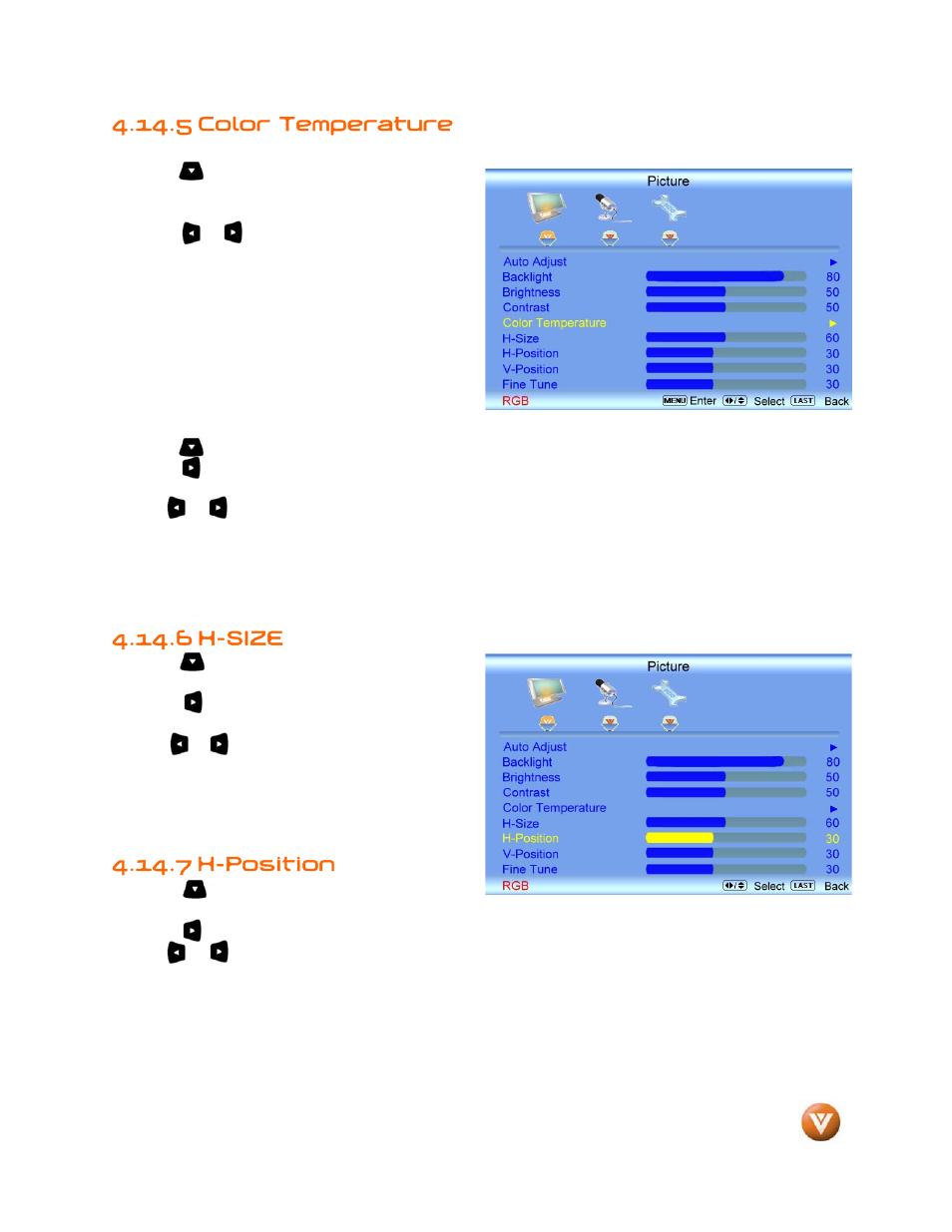 5 color temperature, 6 h-size, 7 h-position | Weider LCD VW46L User Manual | Page 61 / 75