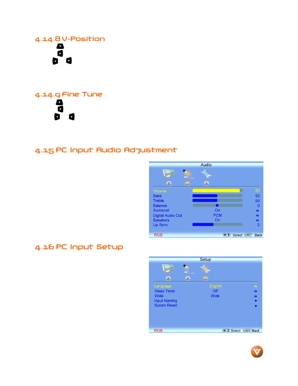 15 pc input audio adjustment, 16 pc input setup, 8 v-position | 9 fine tune | Weider LCD VW46L User Manual | Page 62 / 75