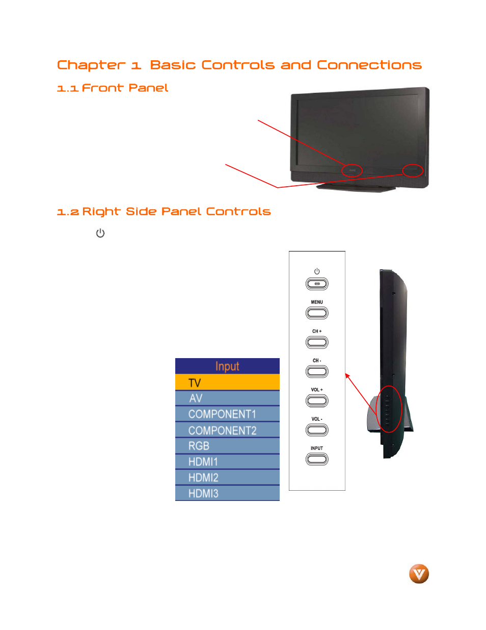 Chapter 1 basic controls and connections, 1 front panel, 2 right side panel controls | Weider LCD VW46L User Manual | Page 9 / 75