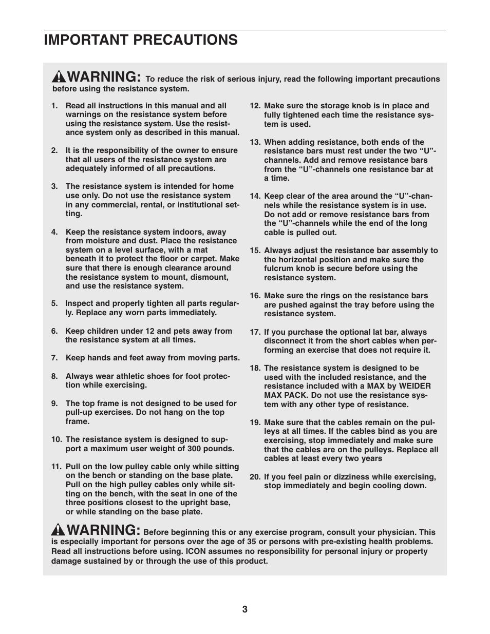 Warning, Important precautions | Weider 2000X WESY7773.1 User Manual | Page 3 / 24