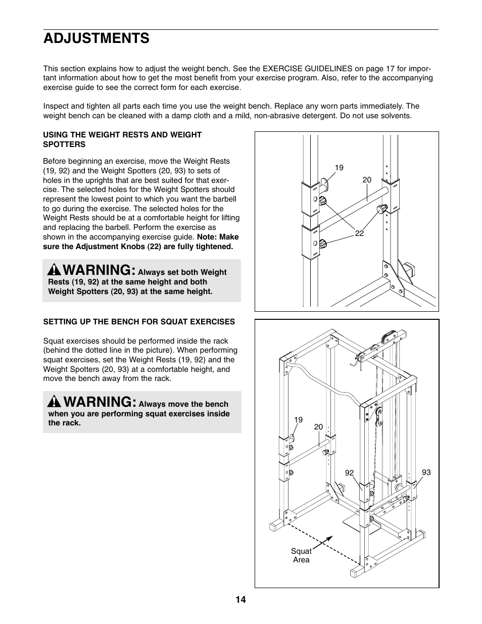 Warning, Adjustments | Weider WEBE34110 User Manual | Page 14 / 22