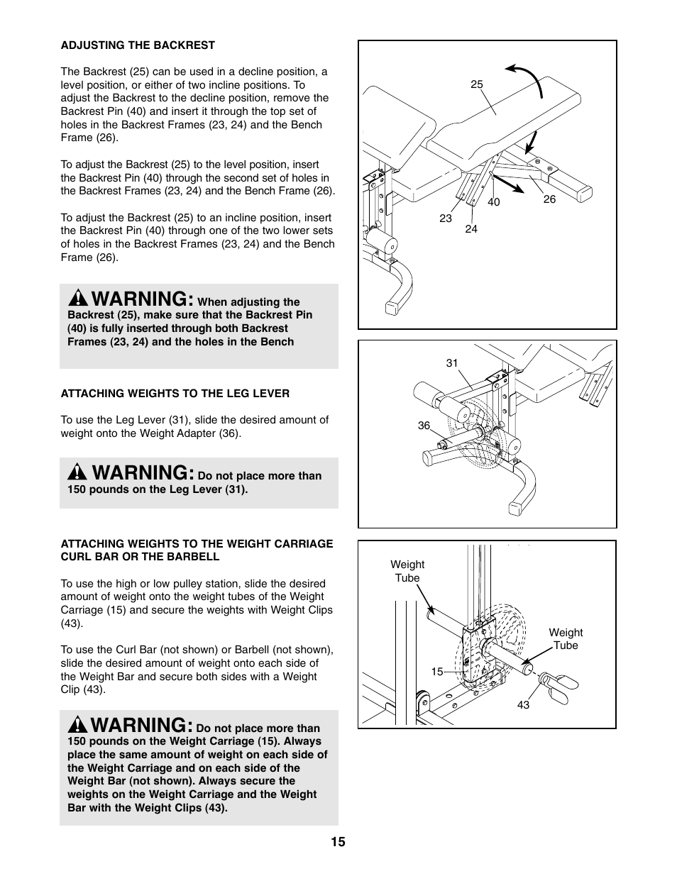 Warning | Weider WEBE34110 User Manual | Page 15 / 22