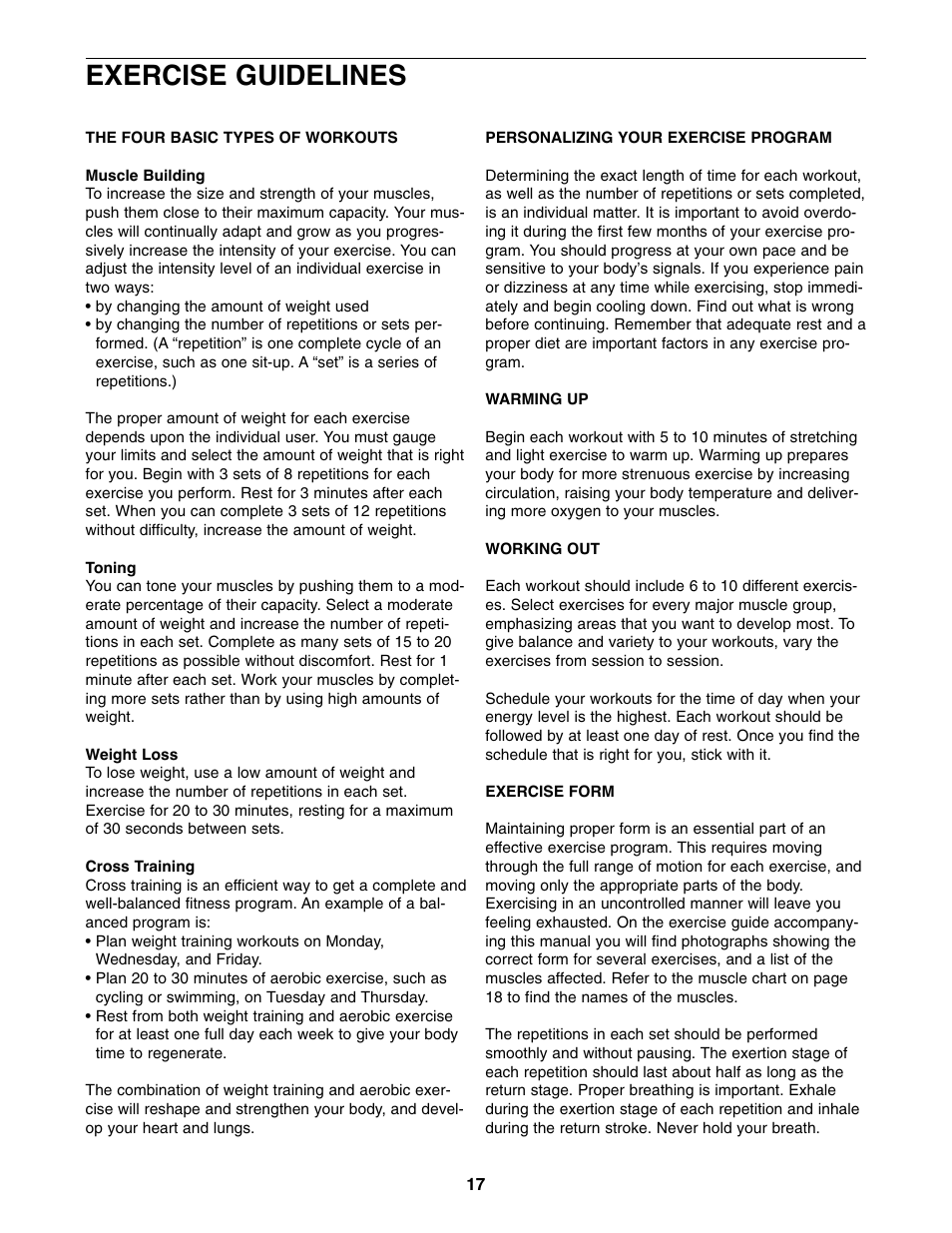 Exercise guidelines | Weider WEBE34110 User Manual | Page 17 / 22