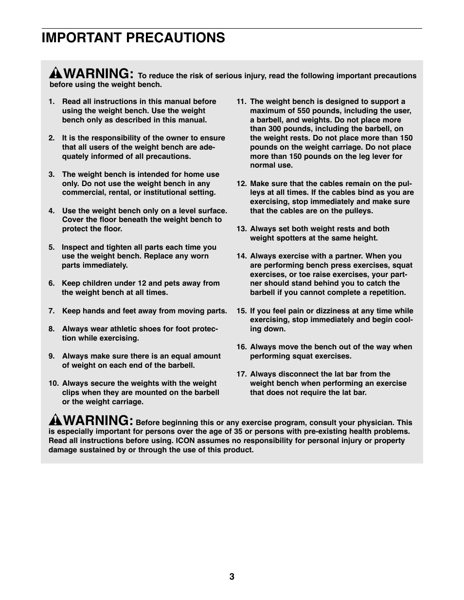 Warning, Important precautions | Weider WEBE34110 User Manual | Page 3 / 22