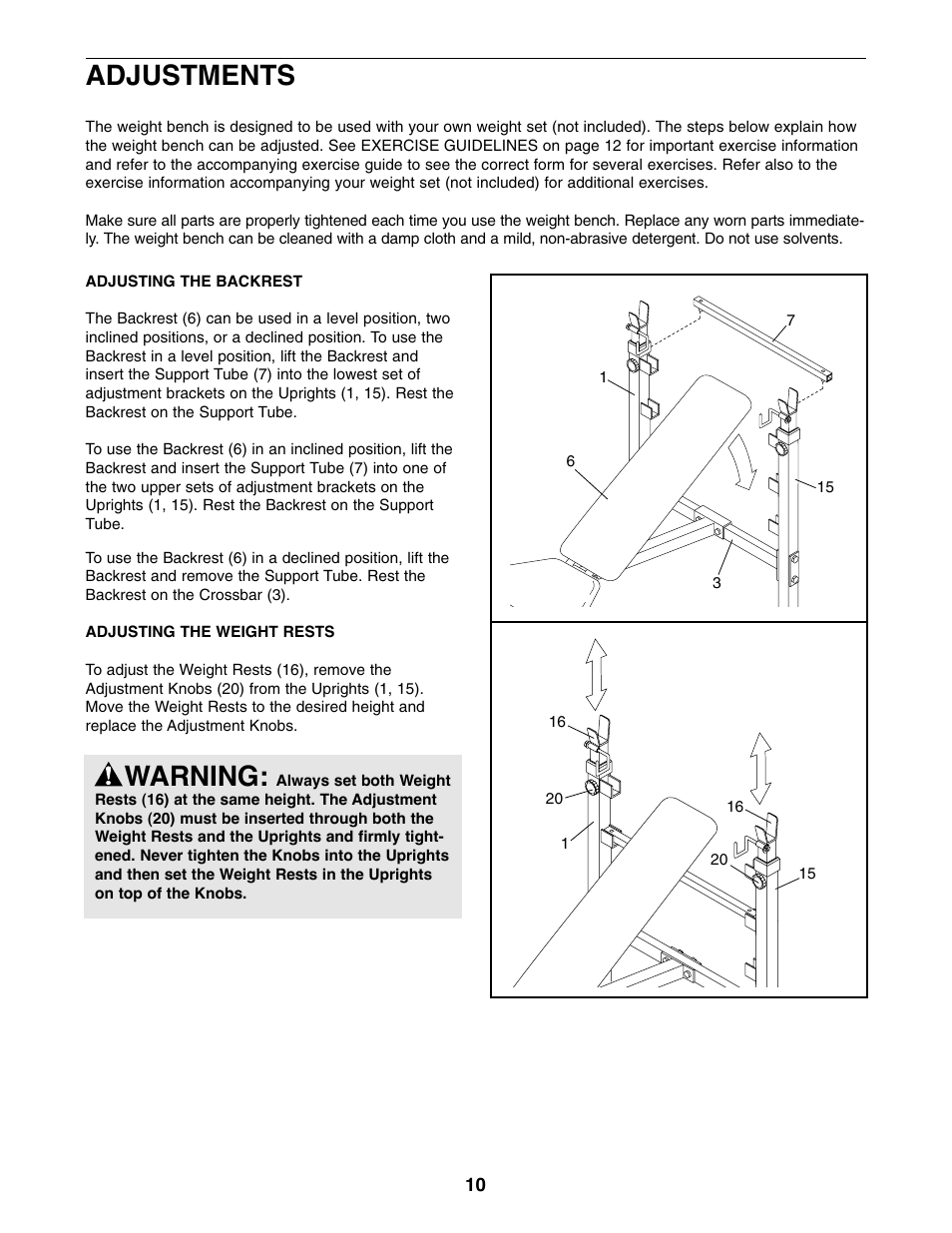Warning, Adjustments | Weider WEBE06110 User Manual | Page 10 / 16