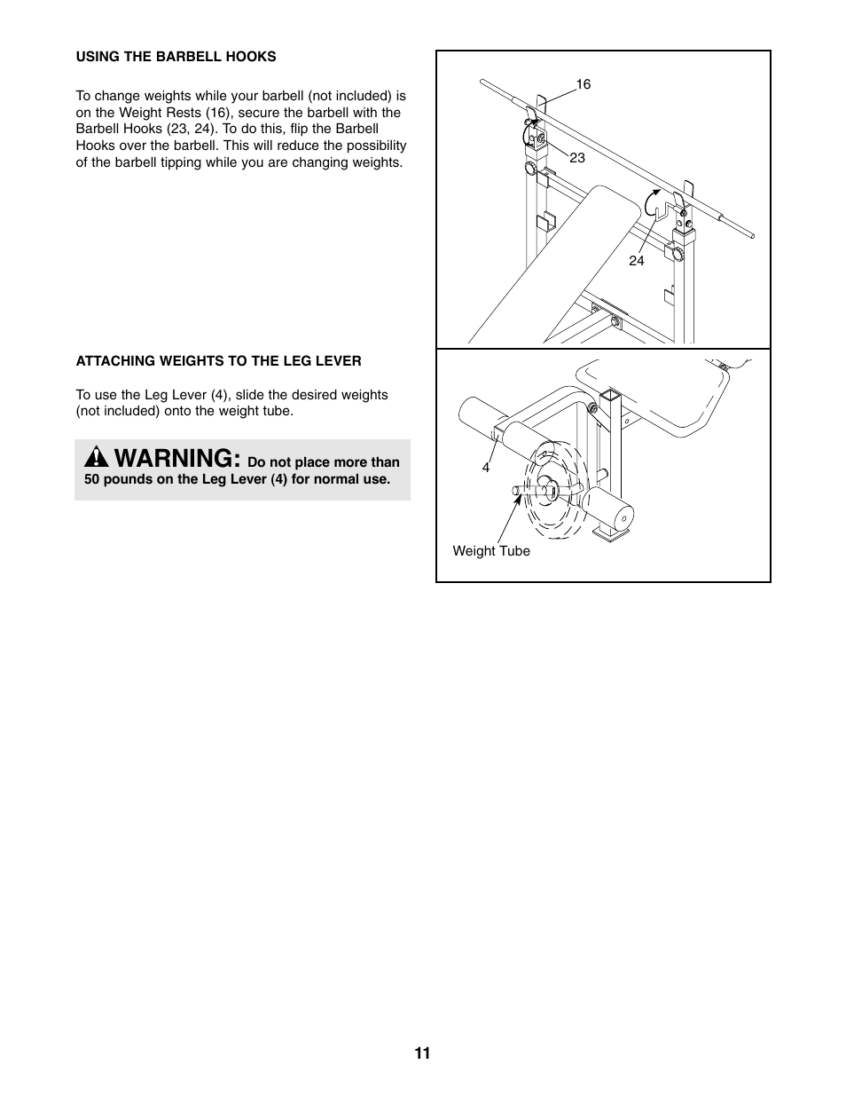 Warning | Weider WEBE06110 User Manual | Page 11 / 16