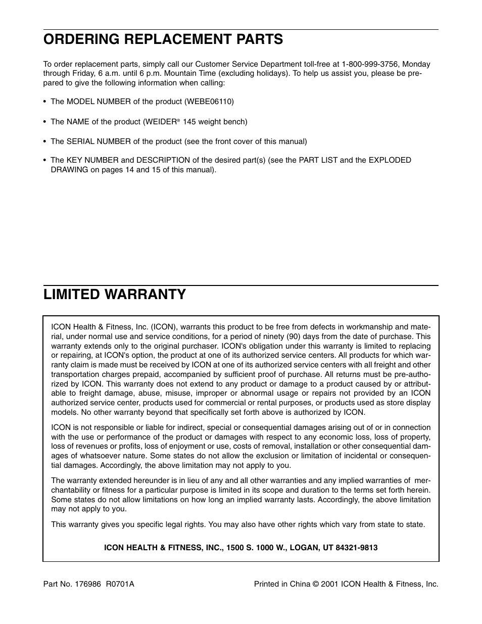 Limited warranty ordering replacement parts | Weider WEBE06110 User Manual | Page 16 / 16
