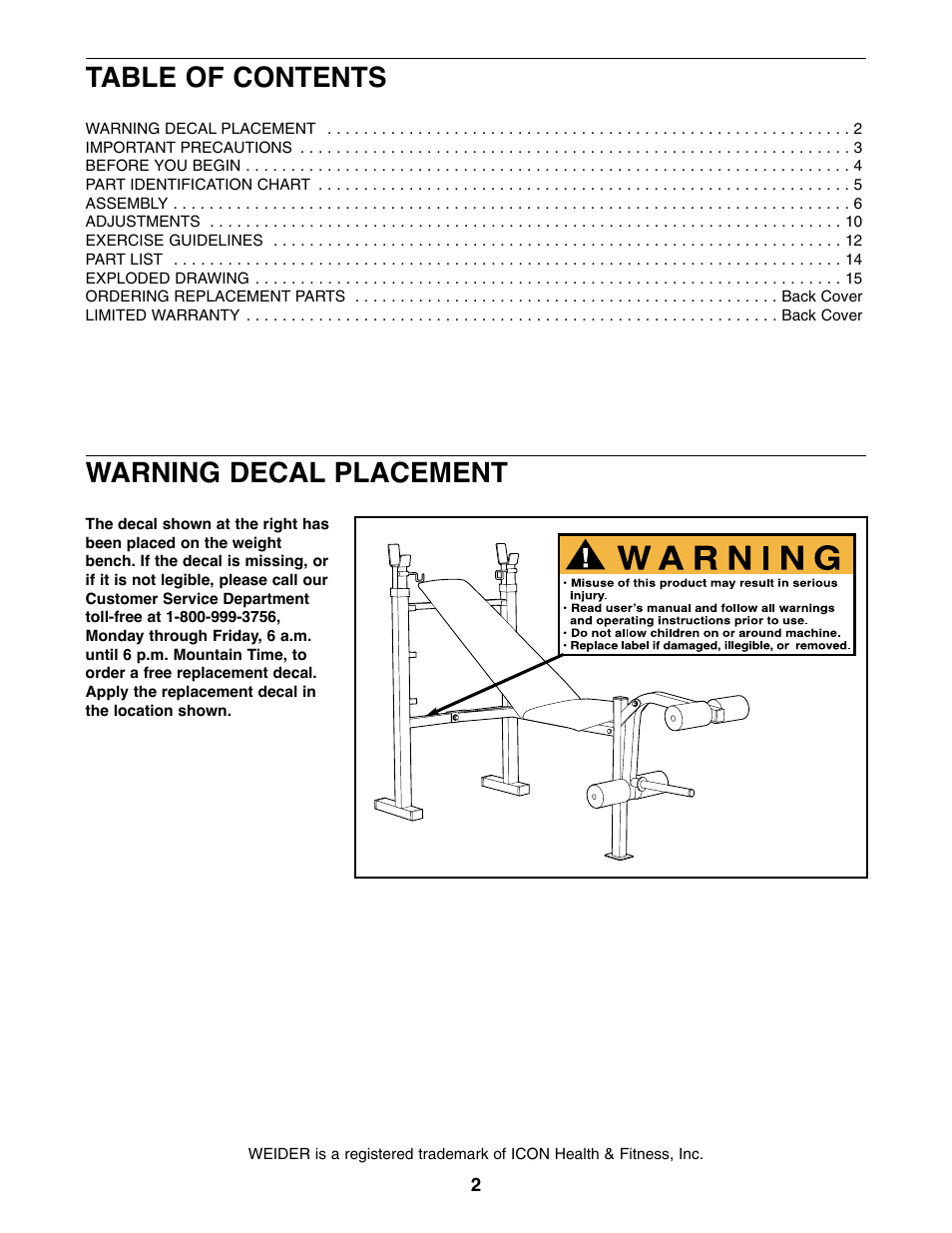 Weider WEBE06110 User Manual | Page 2 / 16