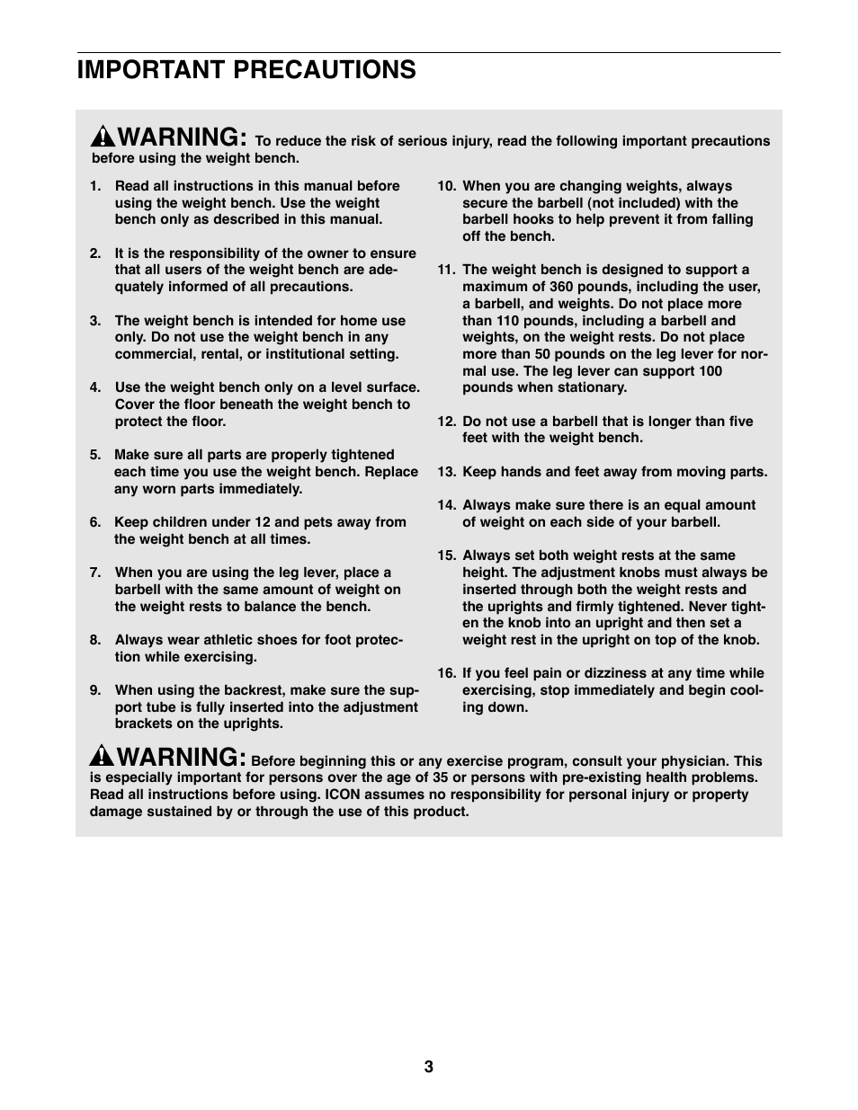 Important precautions, Warning | Weider WEBE06110 User Manual | Page 3 / 16