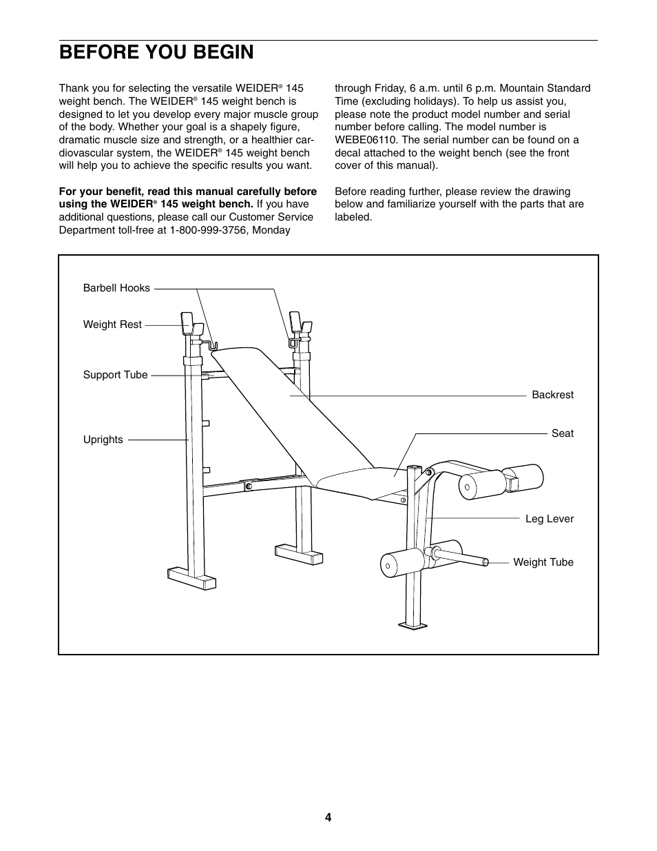 Before you begin | Weider WEBE06110 User Manual | Page 4 / 16