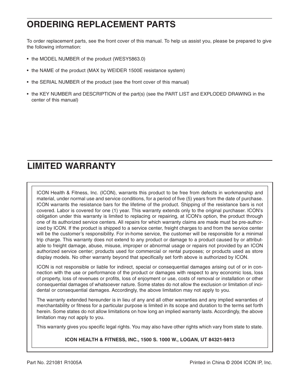 Ordering replacement parts, Limited warranty | Weider WESY5863.0 User Manual | Page 24 / 24