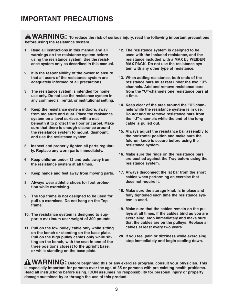 Warning, Important precautions | Weider WESY5863.0 User Manual | Page 3 / 24