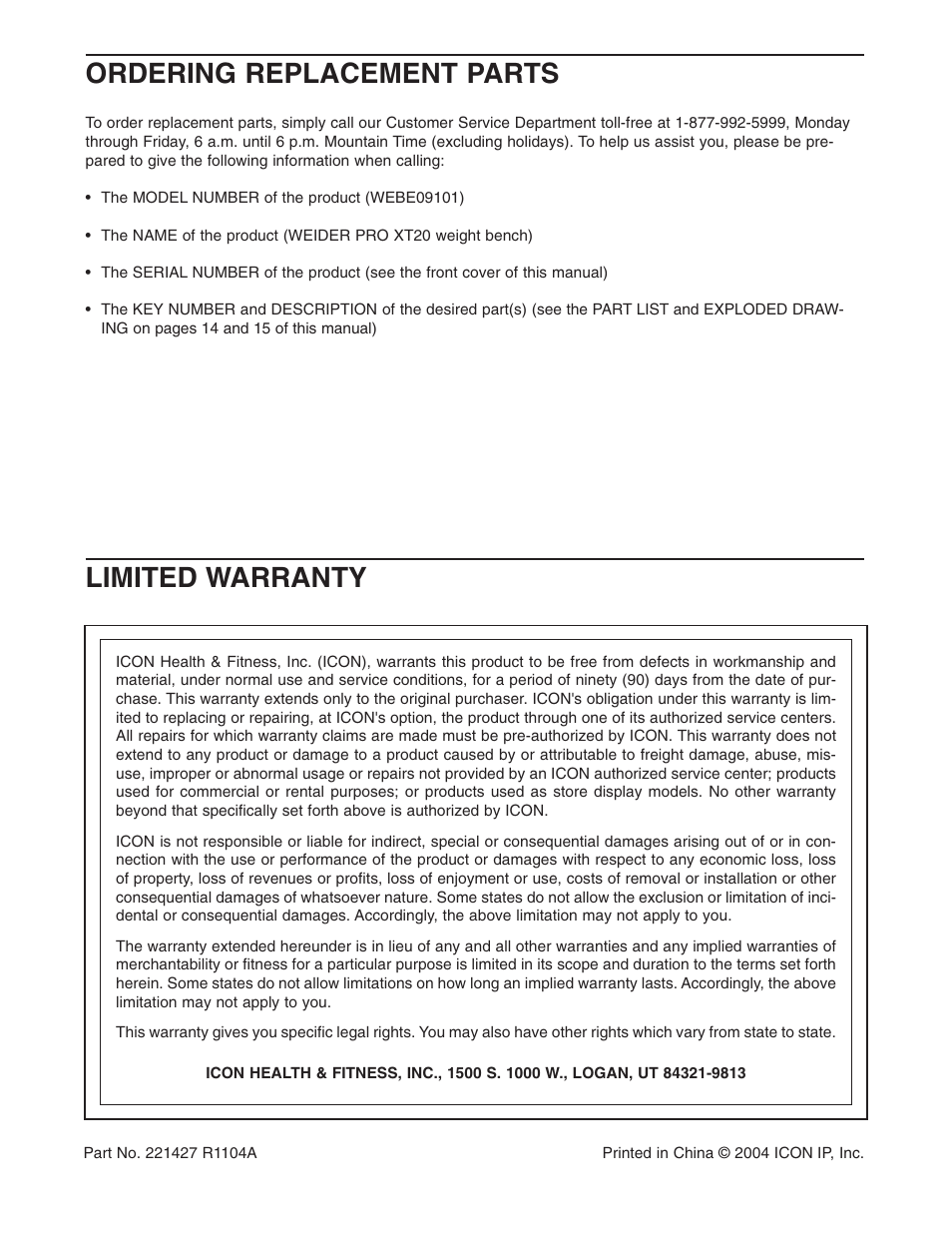 Limited warranty ordering replacement parts | Weider Pro XT20 WEBE09101 User Manual | Page 16 / 16