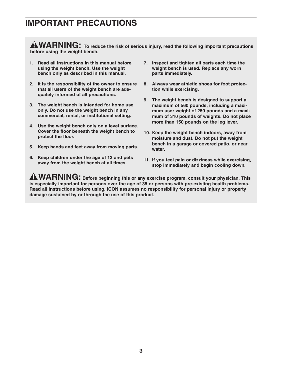 Warning, Important precautions | Weider Pro XT20 WEBE09101 User Manual | Page 3 / 16