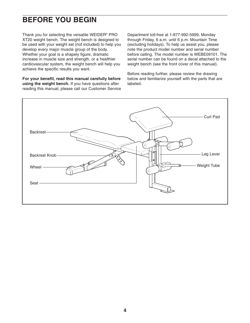 Before you begin | Weider Pro XT20 WEBE09101 User Manual | Page 4 / 16