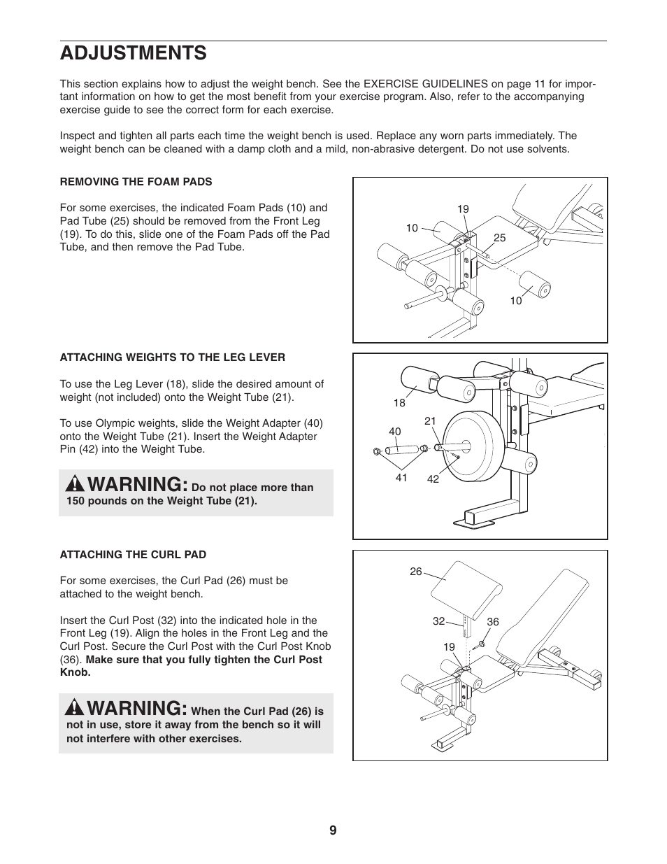 Warning, Adjustments | Weider Pro XT20 WEBE09101 User Manual | Page 9 / 16