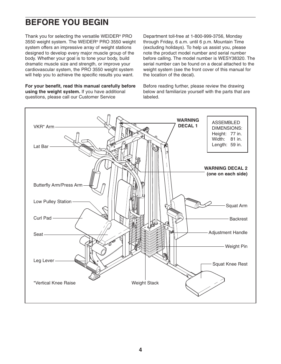 Before you begin | Weider WESY38320 User Manual | Page 4 / 33