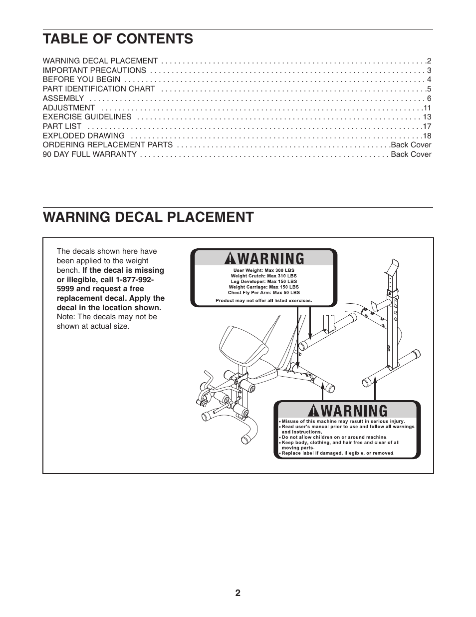 Table of contents warning decal placement | Weider CORe 600 831.15715.0 User Manual | Page 2 / 20