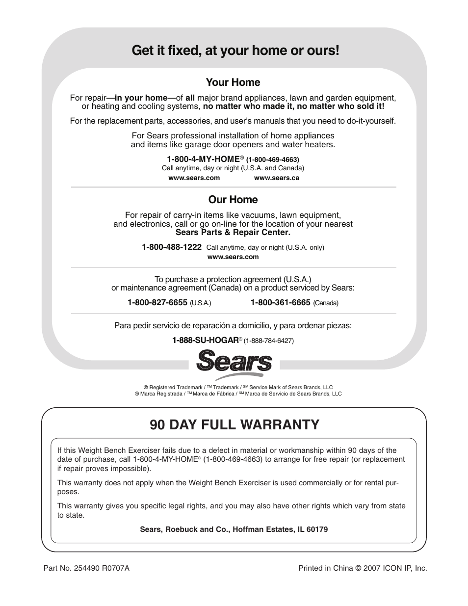 Get it fixed, at your home or ours, 90 day full warranty, Your home | Our home | Weider CORe 600 831.15715.0 User Manual | Page 20 / 20