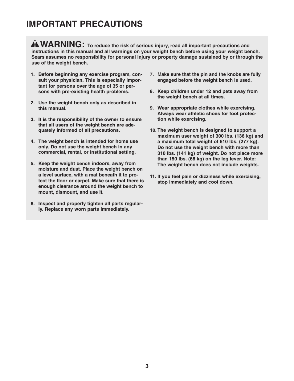 Warning, Important precautions | Weider CORe 600 831.15715.0 User Manual | Page 3 / 20