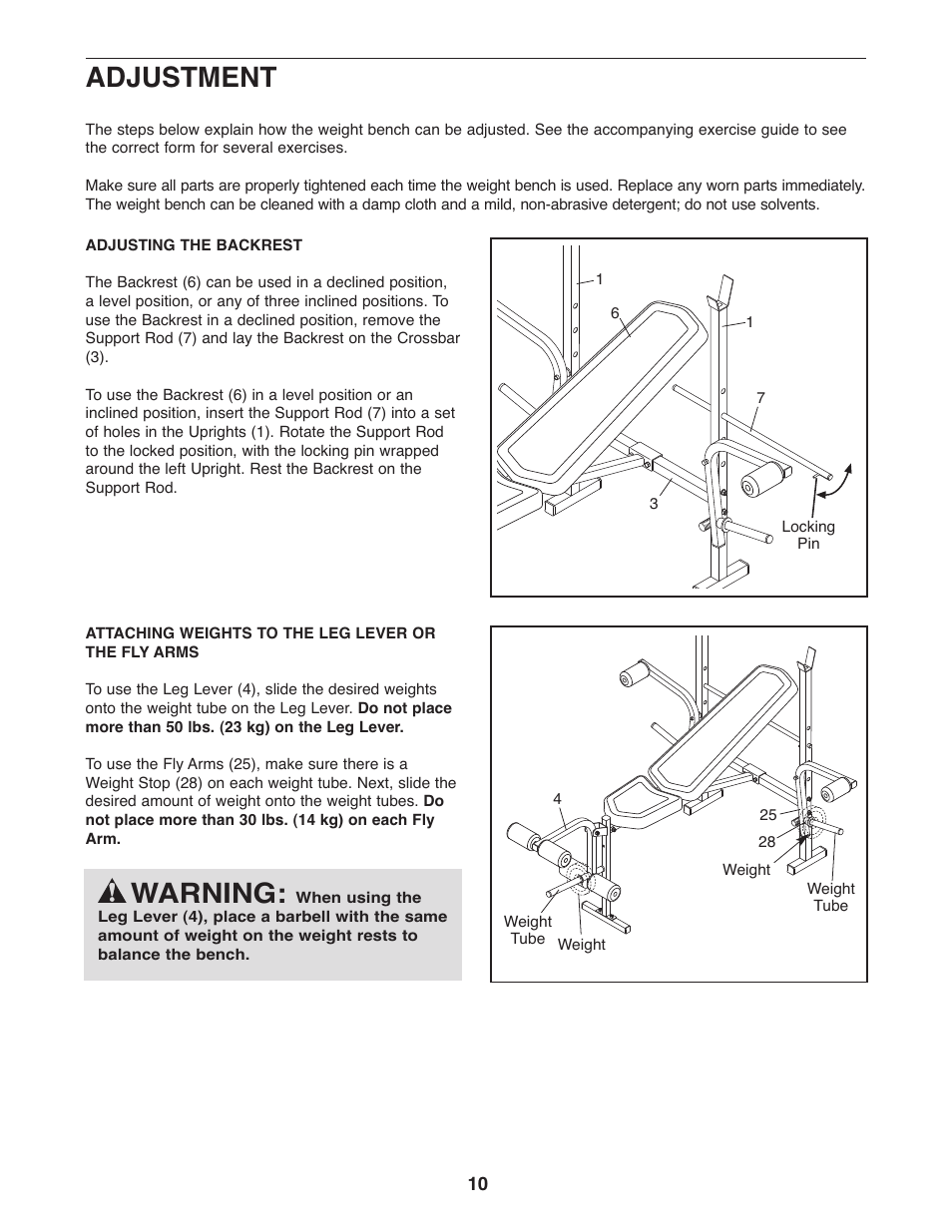 Warning, Adjustment | Weider WEBE1137.0 User Manual | Page 10 / 16