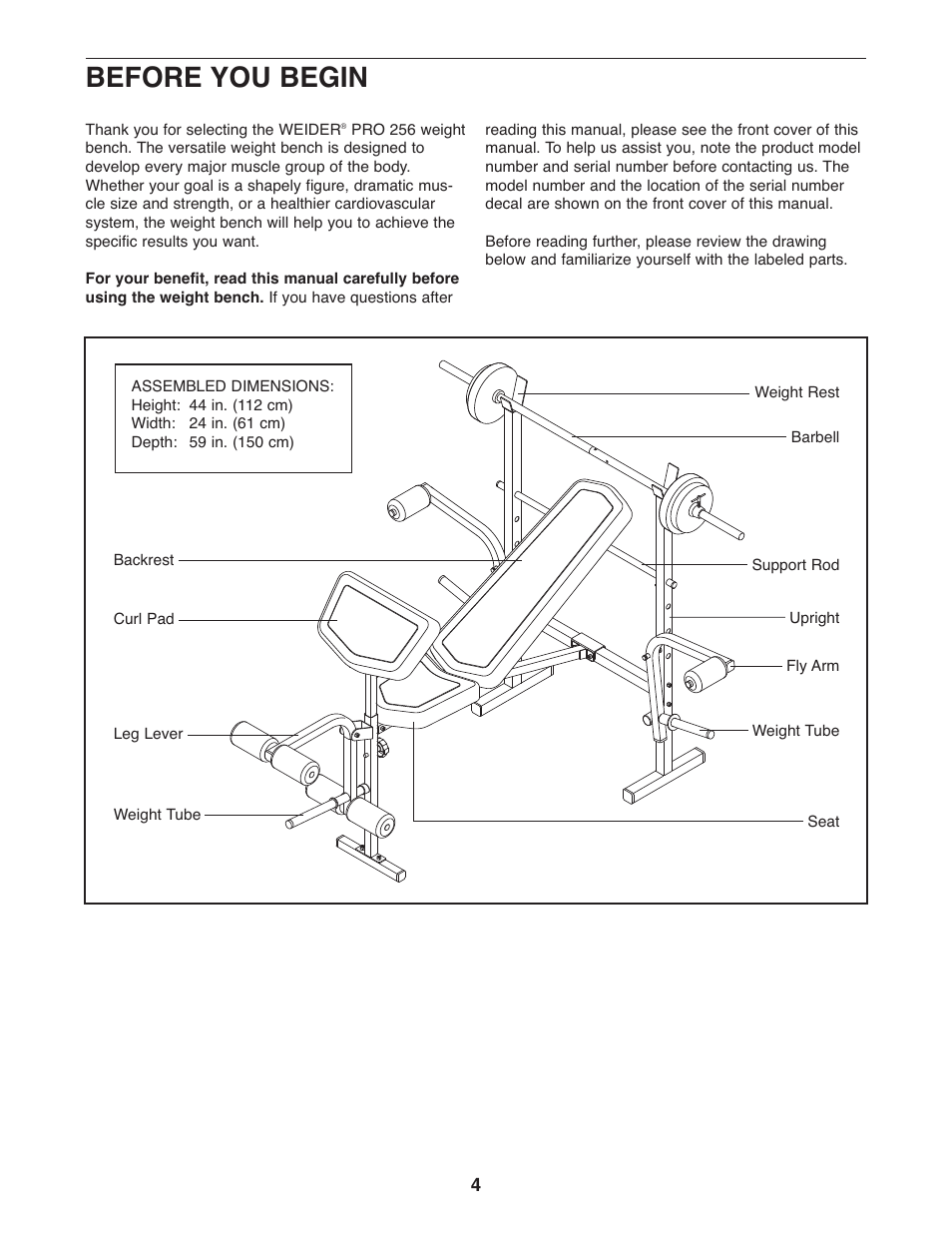 Before you begin | Weider WEBE1137.0 User Manual | Page 4 / 16