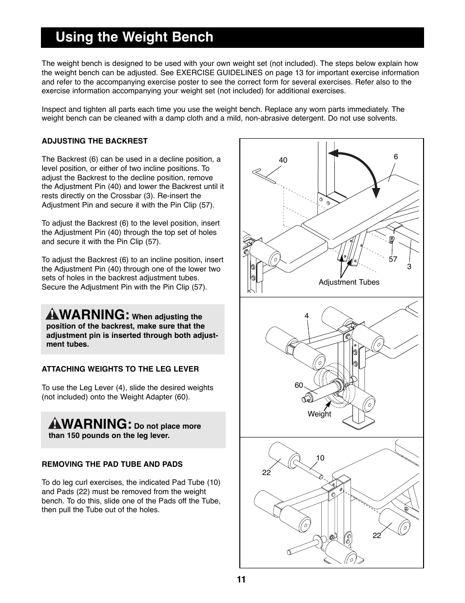Using the weight bench, Warning | Weider WEBE17100 User Manual | Page 11 / 20