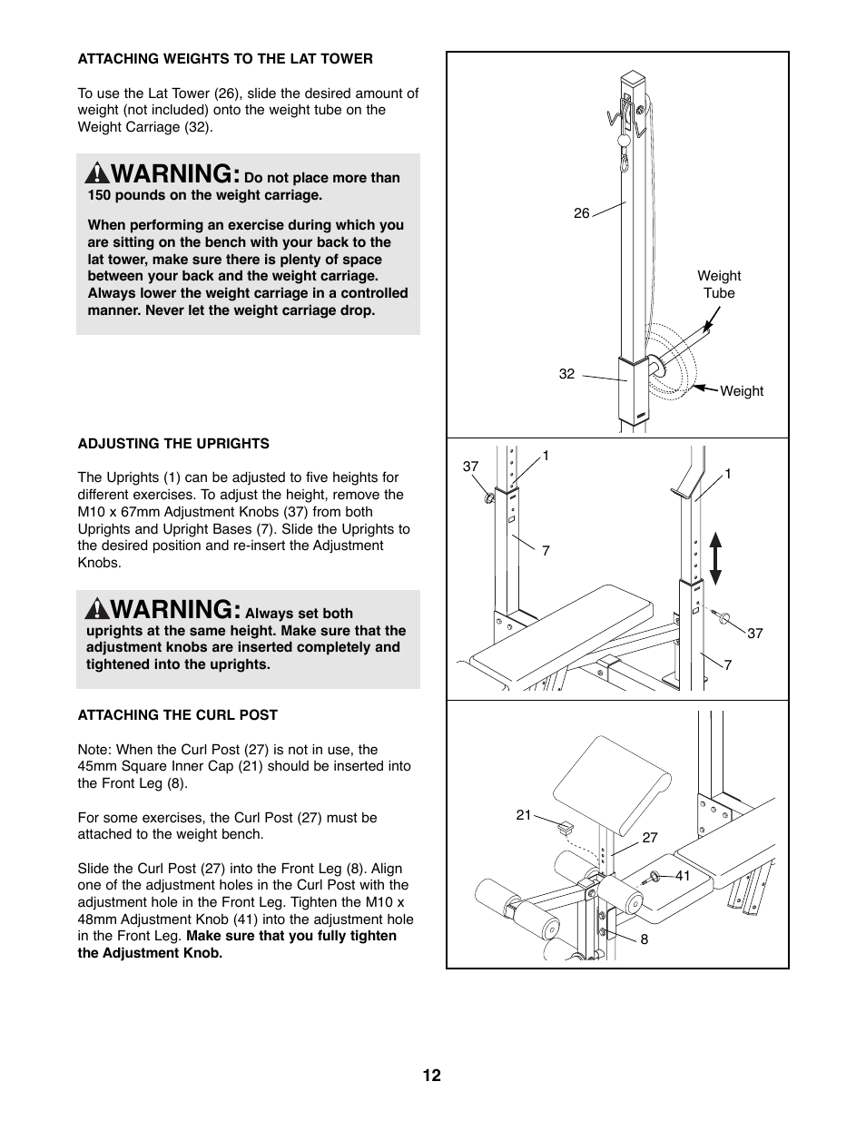 Warning | Weider WEBE17100 User Manual | Page 12 / 20
