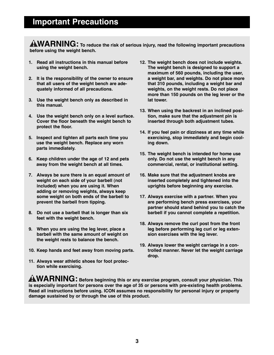 Warning, Important precautions warning | Weider WEBE17100 User Manual | Page 3 / 20