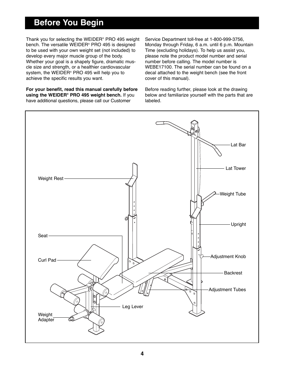 Before you begin | Weider WEBE17100 User Manual | Page 4 / 20