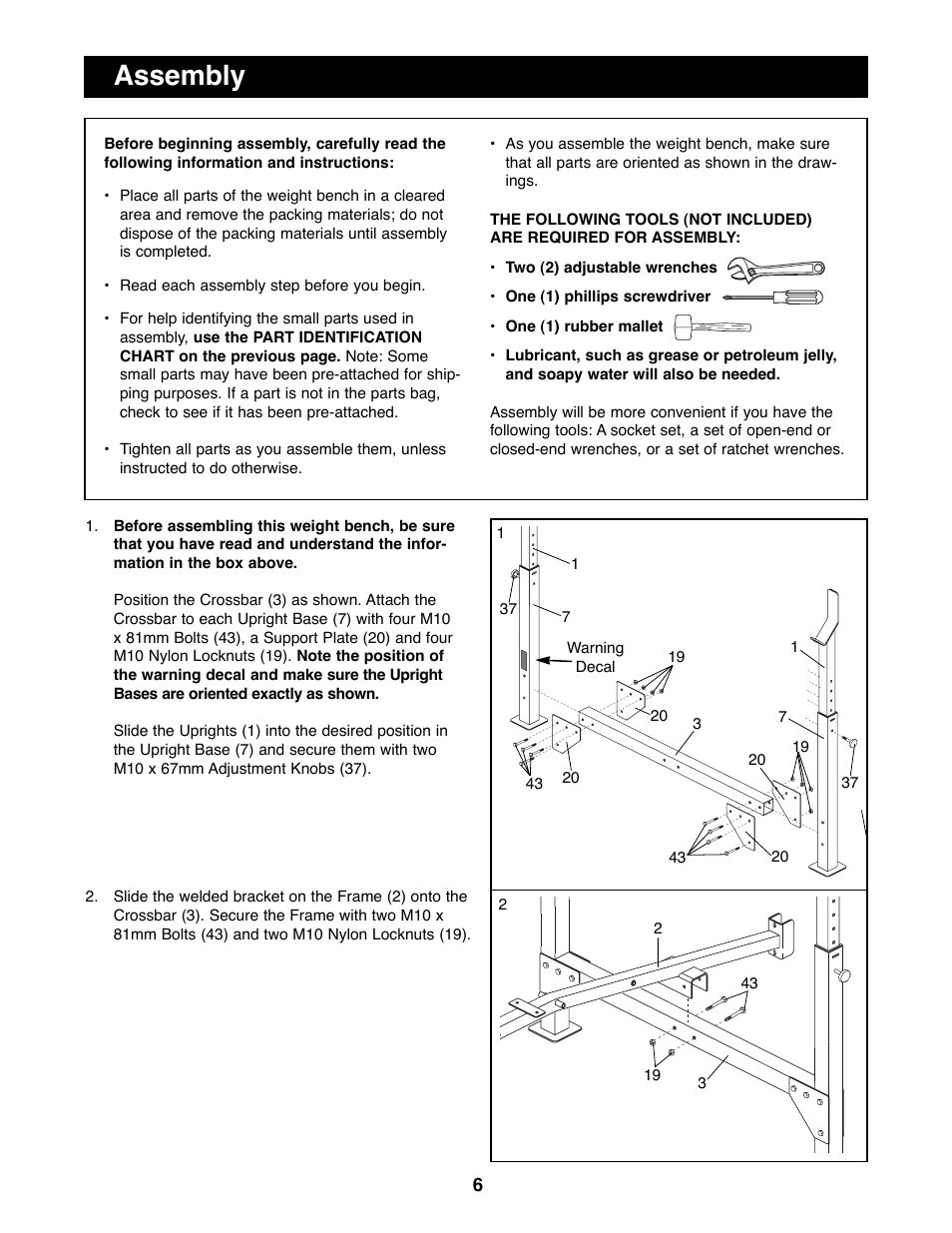Assembly | Weider WEBE17100 User Manual | Page 6 / 20