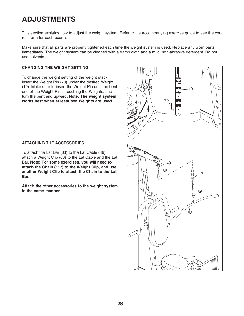 Adjustments | Weider Pro 4950 831.14623.0 User Manual | Page 28 / 44