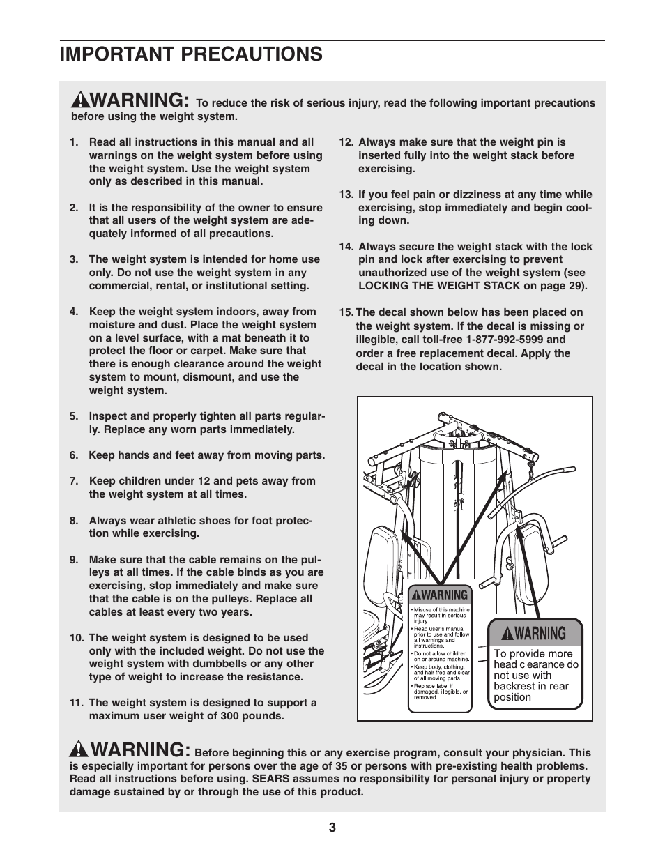 Warning, Important precautions | Weider Pro 4950 831.14623.0 User Manual | Page 3 / 44